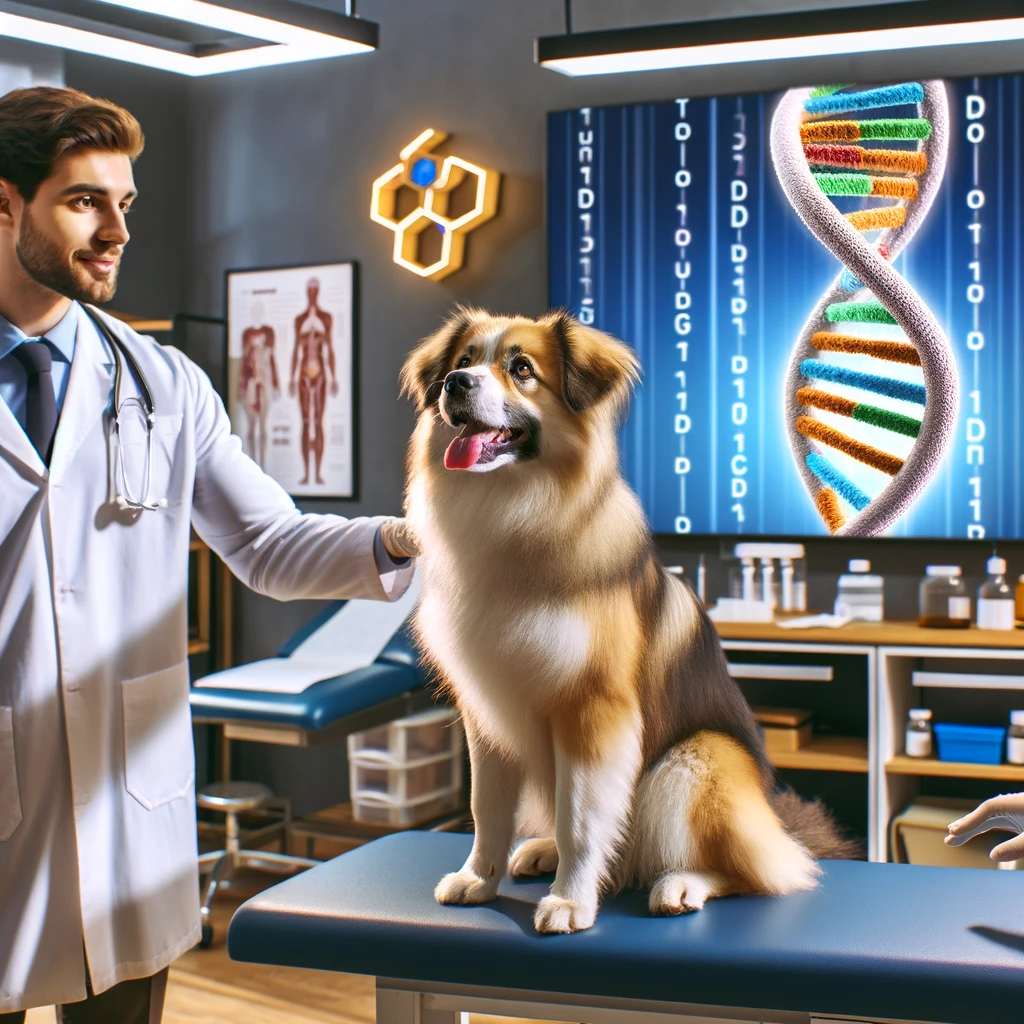 A curious dog sits on an exam table, looking at a screen displaying its DNA helix, while a vet explains the results to the attentive owner in a well-lit, welcoming vet's office.